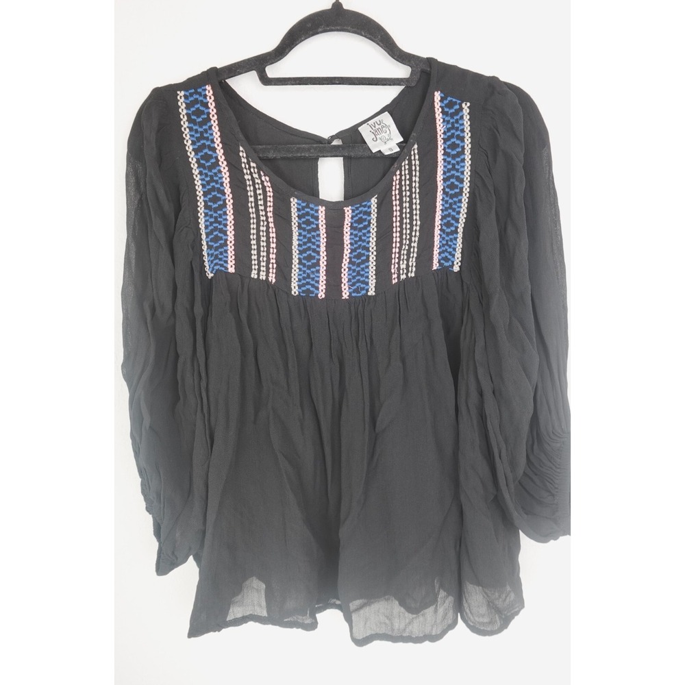 Ivy Jane Boho Peasant Top S Black Crinkle Gauze Embroidered Festival Blouse‎